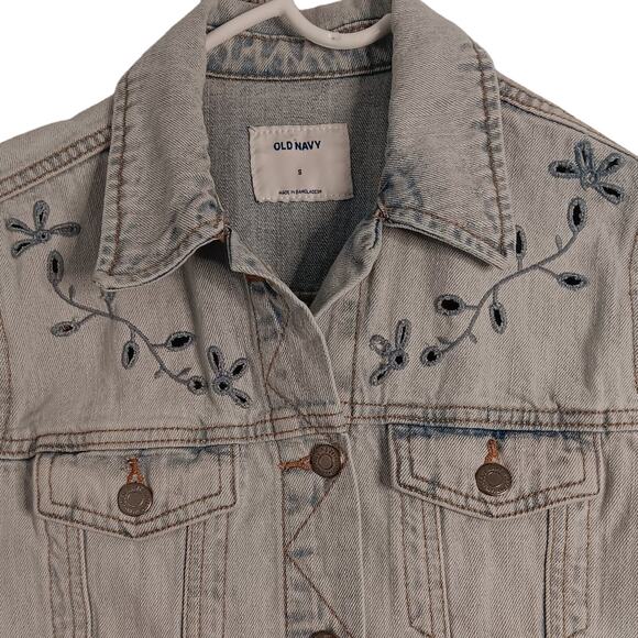 Old Navy Y2K Denim Jacket Womens S Light Wash Floral Embroidered Trucker Casual - Picture 1 of 16